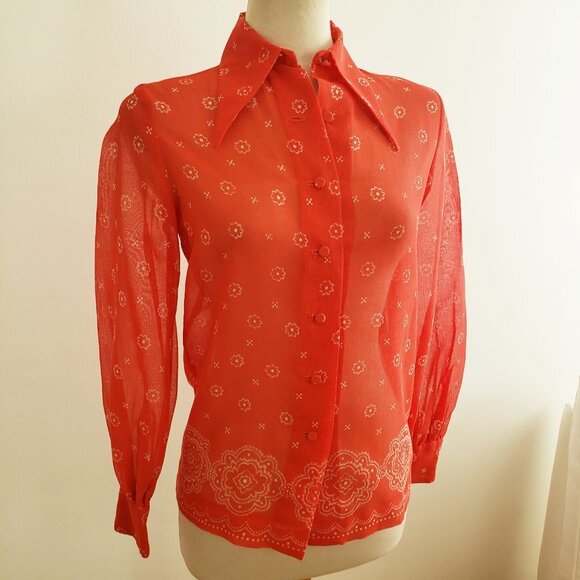 Vintage Red Long Sleeve Pointed Collar Button Down Shirt Blouse by … - Picture 1 of 9